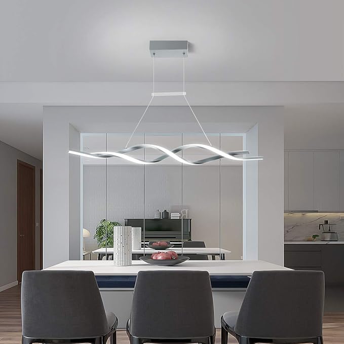Jaycomey Gray Modern LED Pendant Light, Dimmable Wave Chandelier with Remote Control, Acrylic Hanging Lighting Fixture for Dining Room Kitchen Island, 3000-6000K 28W