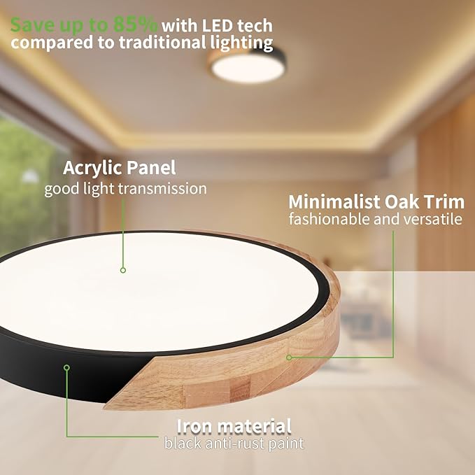 Modern LED Ceiling Light for Bedroom: Wood Flush Mount Light Fixture with Acrylic Lampshade - 3000K Not Dimmable Black Overhead Ceiling Lamps for Kitchen Hallway Living Room (11.8" 2 Pack)