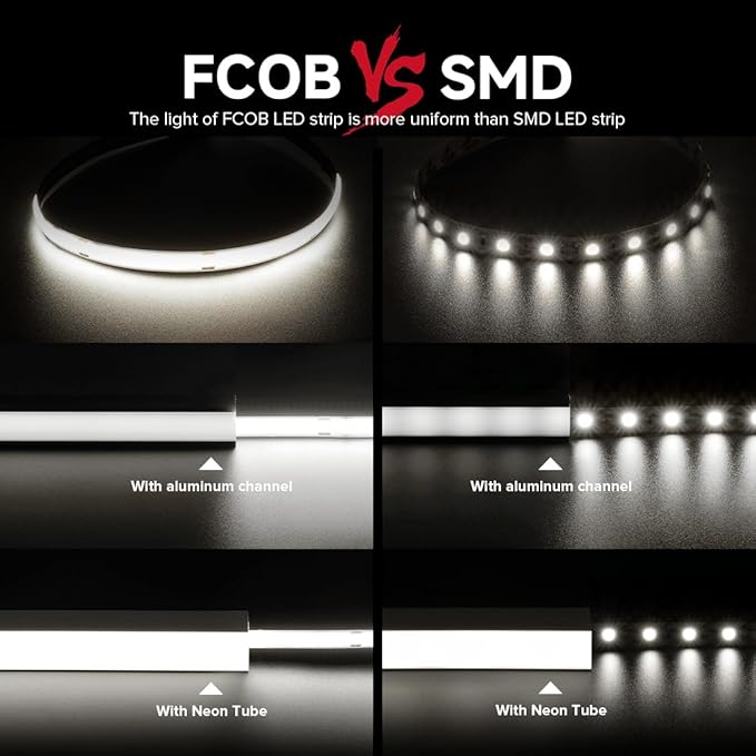 BTF-LIGHTING FCOB COB LED Strip Flexible High Density Uniform Light 9W/m 16.4FT DC24V Daylight White 5000K 480LEDs/m CRI 90+ 8mm IP65 Waterproof Width Dimmable LED Ribbon(No Adapter or Controller)