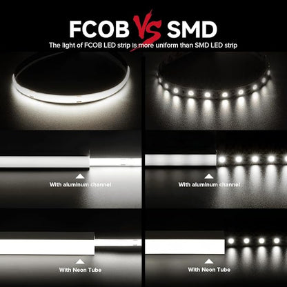 BTF-LIGHTING FCOB COB LED Strip Flexible High Density Uniform Light 9W/m 32.8FT DC24V Daylight White 5000K 480LEDs/m CRI 90+ 8mm Width Dimmable LED Ribbon for Indoor Decor(No Adapter or Controller)