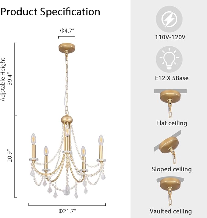 5-Light Farmhouse Chandelier with Crystal Accents, Gold Candle-Style Adjustable Pendant Light for Dining Table, Bedroom, Entryway, Living Room, Kitchen Island, Rustic Modern Ceiling Fixture
