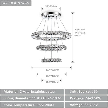 CLAIRDAI Modern Crystal Chandelier, Adjustable 3 Ring LED Ceiling Light Fixture, Dimmable K9 Crystal Chandelier for Dining Room, Bedroom, Living Room, Hallway