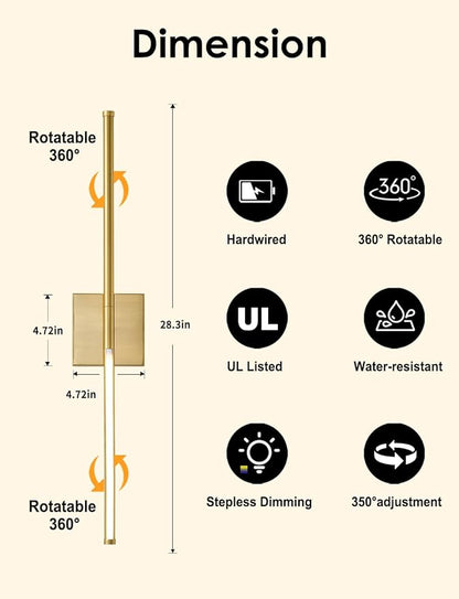 KARTOOSH 27.8 Inch Hardwired Wall Sconces Set of Two, 3000K Warm White Dimmable Modern Wall Sconces, 350° Rotate LED Light Fixtures Wall Lamp for Bathroom Living Room Bedroom Bedside, Brushed Brass