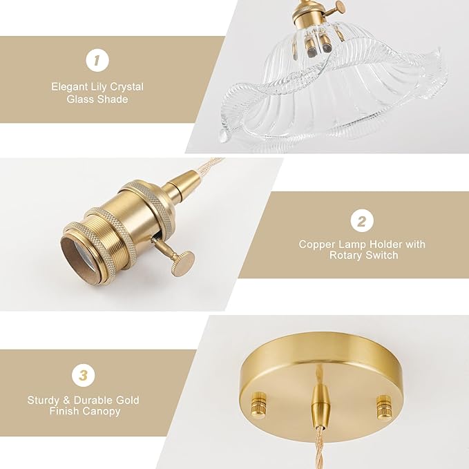 Vintage Pendant Lights Kitchen Island, Adjustable Brass Pendant Light Fixtures with Transparent Lily Glass Lampshade, Gold Kitchen Pendant Lighting Over Island, Pendant Light for Dining Room Hallway