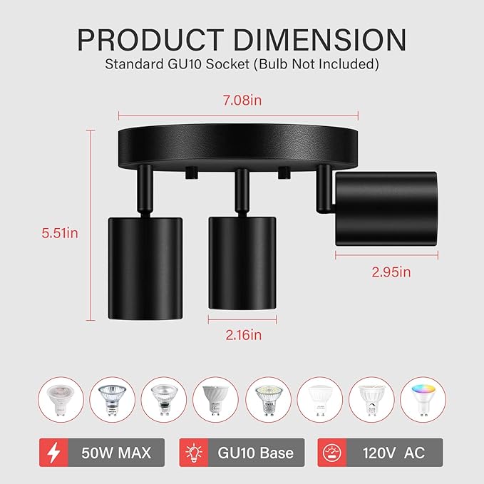 AUQUEE LED 3 Light Track Lighting Kit, LED Track Lighting Fixtures, Black Round Ceiling Spot Lighting, Flexibly Rotatable Light Head for Kitchen, Living Room, Bedroom, GU10 Bulb Not Included