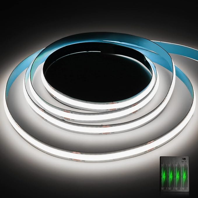 Battery Powered COB Led Strip Lights, 4.92Ft Battery Operated 6000K Cool White LED Strip Light, High Brightness Flexible LED Tape Lights for TV, Cabinet, Bedroom, Party, Home DIY Decoration