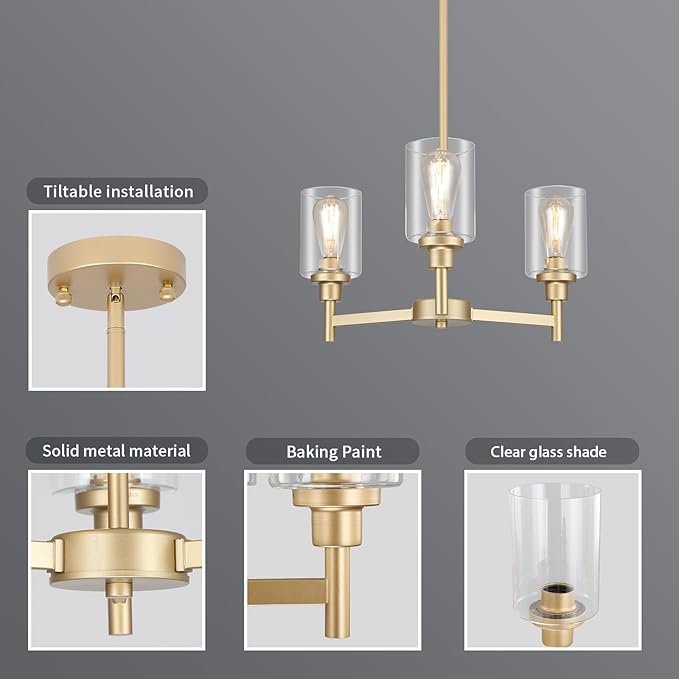 LIGHTDAMY 3-Lights Gold Chandeliers for Dining Room Light Fixture, Farmhouse Chandeliers Over Table, Hallway Lighting Fixtures with Glass Shade for Entryway Dining Room Kitchen Island Foyer