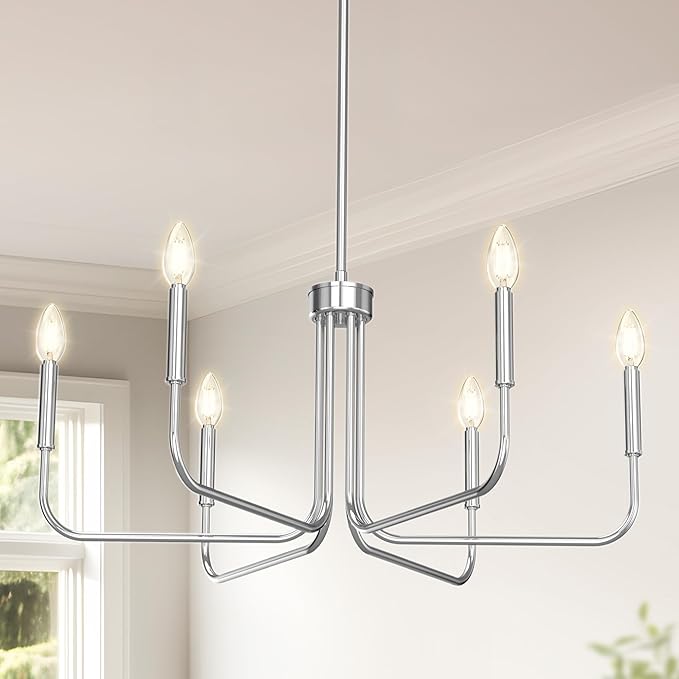 DORESshop Modern Chandelier for Dining Room, 6-Light 28" Chrome Farmhouse Chandelier for Dining Room, Dining Light Fixtures Over Table for Bedroom Hall Kitchen Living Room