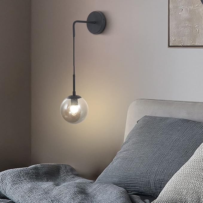 BOKT Modern Smoke Gray Glass Ball Wall Sconce Lighting Mid Century Matte Black Wall Mount Light Fixture Vanity Globe Bathroom Wall Lamp (Black+Smoke Gray)