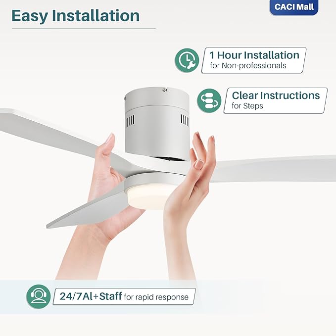 CACI Mall 52” Smart Low Profile Ceiling Fans with Lights Remote, White, 3 Wood Blades, Modern, Compatible with Alexa/Google/App, for Bedroom/Farmhouse/Patio