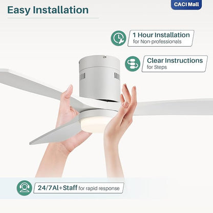 CACI Mall 52” Smart Low Profile Ceiling Fans with Lights Remote, White, 3 Wood Blades, Modern, Compatible with Alexa/Google/App, for Bedroom/Farmhouse/Patio