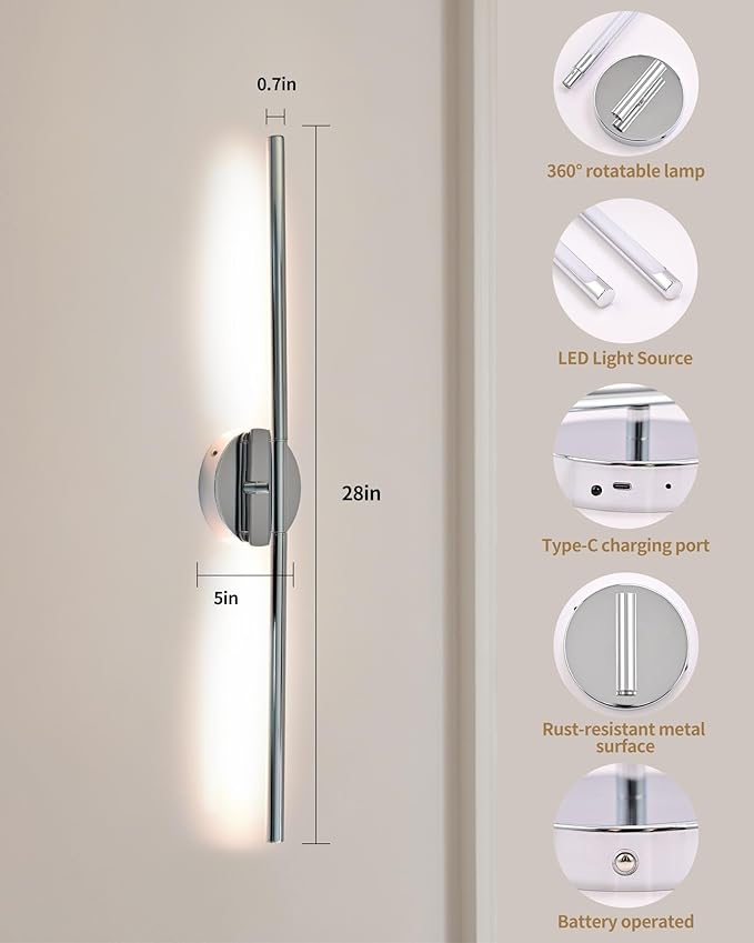 Wireless Wall Sconces Set of 2 ，28Inch Battery Operated Wall Lights with Remote Control，360°Rotate Dimmable led Wall Lamp for Living Room and Hallway (Chrome)
