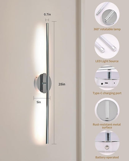 Wireless Wall Sconces Set of 2 ，28Inch Battery Operated Wall Lights with Remote Control，360°Rotate Dimmable led Wall Lamp for Living Room and Hallway (Chrome)