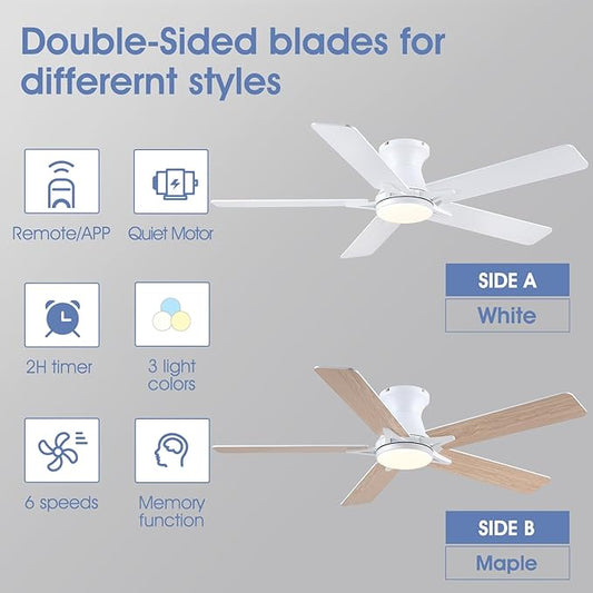 52" White Low Profile Ceiling Fans with Lights,Modern Flush Mount Ceiling Fans with Reversible DC Motor,Dimmable 3 Colors 6 Speeds