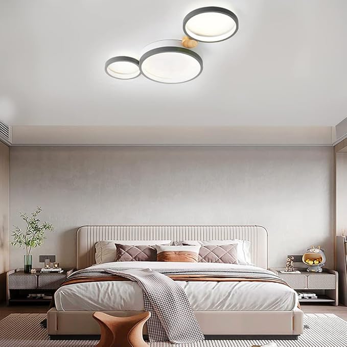 3-Lights LED Ceiling Light Fixture,22 Inch Modern Ceiling Lights Flush Mount Wooden 20W Dimmable Chandelier for Living Room Bedroom Kitchen,3000K/4000K/6000K Temperatures Selectable Grey