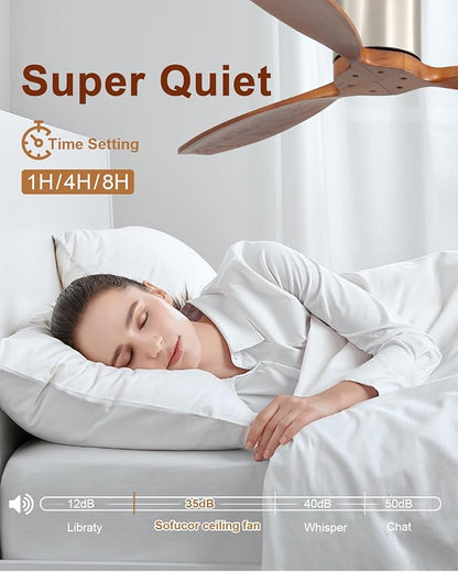 Sofucor 52 Inch Smart Ceiling Fan Without Light Flush Mount Solid Wood Ceiling Fan with Alexa/Google/APP/Remote Control-Modern Outdoor Ceiling Fans No Light for Bedroom/Patio/Indoor, Silver & Brown