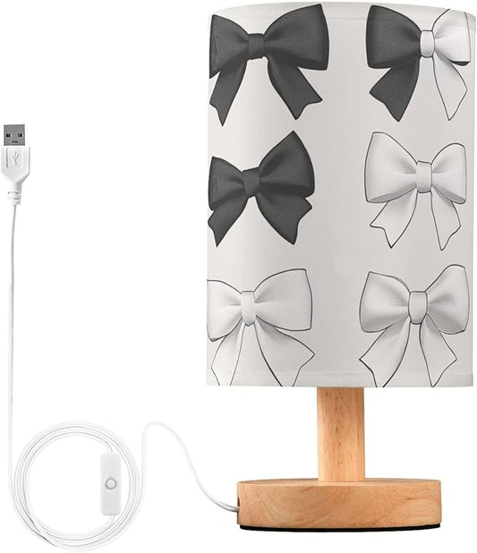 Bedside Table Lamp Black White Bows Nightstand Lamp with Wood Desk Lamps for Bedroom Living Room Nursery Office Home Decor