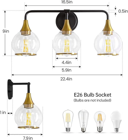 Black and Gold Bathroom Vanity Light 3-Lights Bathroom Light Fixtures Over Mirror with Clear Glass Shade 22.4 inch Wall Sconce Lighting Bath(Exclude E26 Bulb)