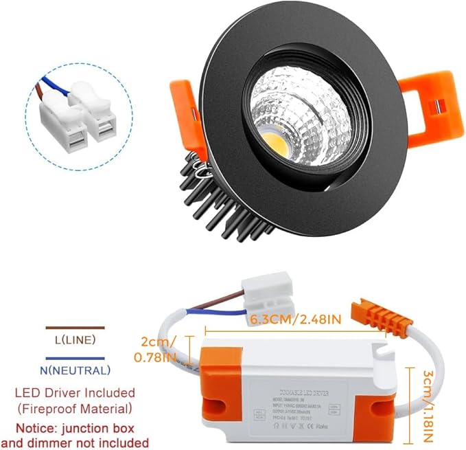 2Inch LED Recessed Ceiling Light, 3W Dimmable LED Downlight, 60 Beam Angle COB Recessed Lights with Driver, Daylight White 5500K, 25W Halogen Bulbs Equivalent for Ceiling Lighting, 10Pack