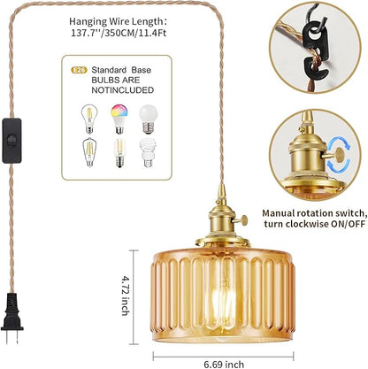 Plug in Pendant Light, Hanging Lights with Plug in Cord, Hanging Light Fixture with Clear Glass, E26 Pendant Lighting for Kitchen Island, Bedroom, Dining Room- Amber Color
