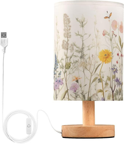 Bedside Table Lamp Retro Colorful Herbs Wild Florals Nightstand Lamp with Wood Desk Lamps for Bedroom Living Room Nursery Office Home Decor