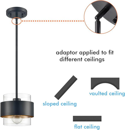 CLAXY Pendant Lights Kitchen Island Black Rod Hanging Kitchen Pendant Light Fixture, Clear Glass Cylinder Shade