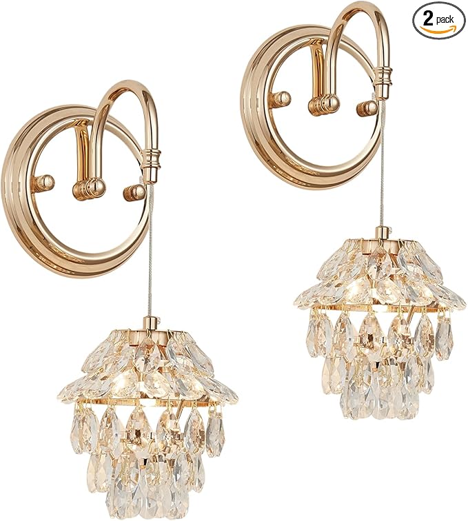 Pinecone Shape Crystal Vintage Gold Wall Sconces Chandelier Set of 2, Modern Victorian Indoor Hardwired Wall Mount Lamp Light Fixture for Bedroom Living Room Bathroom Vanity Light Hallway Wall Decor
