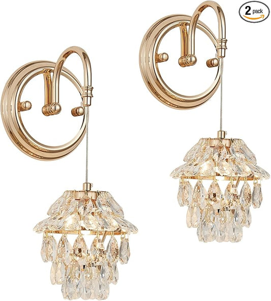 Pinecone Shape Crystal Vintage Gold Wall Sconces Chandelier Set of 2, Modern Victorian Indoor Hardwired Wall Mount Lamp Light Fixture for Bedroom Living Room Bathroom Vanity Light Hallway Wall Decor