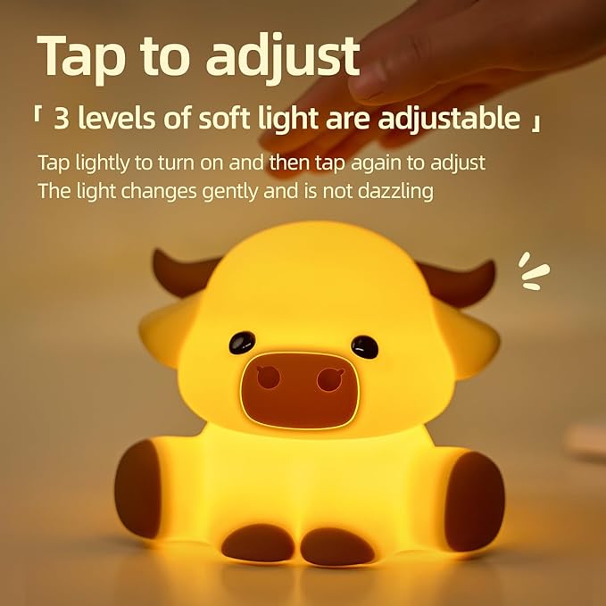 Highland Cow Night Light, Huggwaii Squishy Silicone Lamp for Kids - Dimmable Touch Sensor Cute Animal Lamp, Soft Glow Night Light for Nursery, Bedroom, Christmas Gifts for Boys, Girls, Women