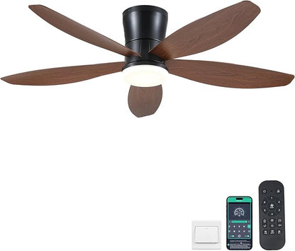 Surtime 48" Ceiling Fans with Lights-Low Profile Ceiling Fan with Light and Remote/APP Control,Flush Mount,LED Dimmable Modern Ceiling Fans for Bedroom,Indoor/Outdoor Patio Use(Brown)