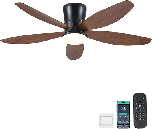Surtime 48" Ceiling Fans with Lights-Low Profile Ceiling Fan with Light and Remote/APP Control,Flush Mount,LED Dimmable Modern Ceiling Fans for Bedroom,Indoor/Outdoor Patio Use(Brown)