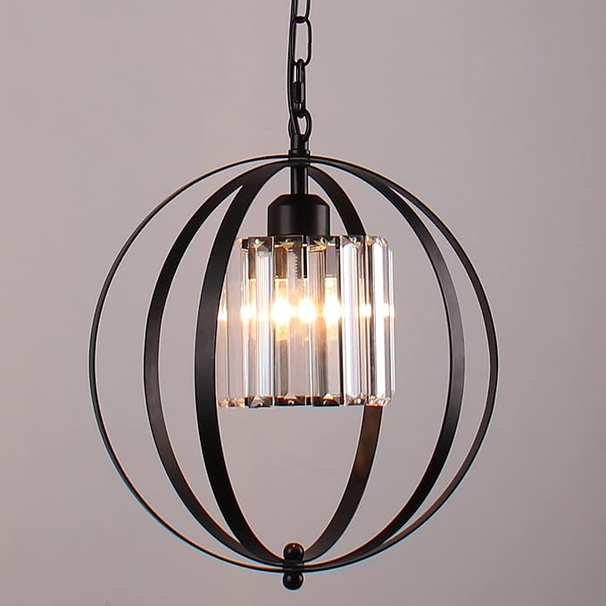 FRIXCHUR Farmhouse Chandelier Crystal Pendant Light Adjustable Hanging Light Fixtures Orb Globe Chandeliers for Kitchen Island Dining Room Foyer Bedroom (Black)