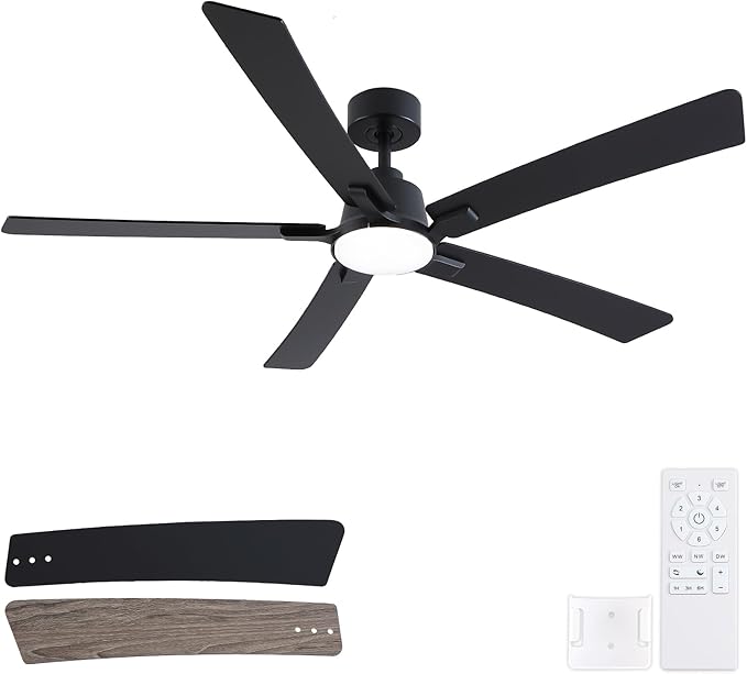 60 Inch Ceiling Fans with Lights and Remote, Black Ceiling Fan, Downrod Style with 5 Blades, Modern Design For Indoor Bedroom Living Room/Outdoor, 6 Speed Reversible DC Motor, 3CCT Dimmable LED
