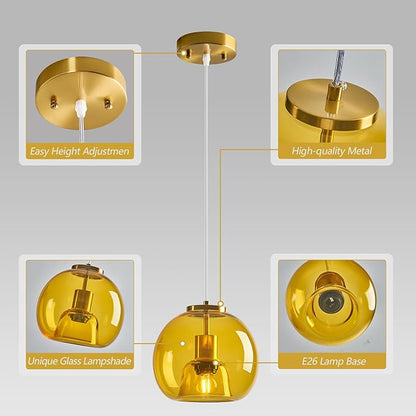Yellow Glass Pendant Lights Kitchen Island Gold Hanging Light Fixture Glass Globe Pendant Light Modern Pendant Lighting for Kitchen Island Bedroom Dining Room (7.87", 3 Pack)