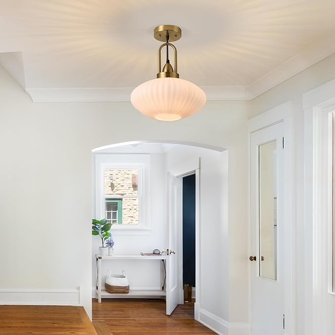 12 Inch Milk Glass Pendant Lights Vintage Chandelier Pendant Lighting Modern Mid Century Hanging Lights Adjustable Kitchen Island Light for Dining Room Bedroom Hallway