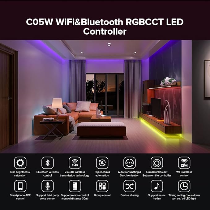 SEZO C05W WiFi Bluetooth RGBCCT LED Strip Controller Group Control Support Tuya Smart Life APP/Voice Control Compatible with LM091 LM096 LM007 LM097 RGBCCT Remote DC12-24V