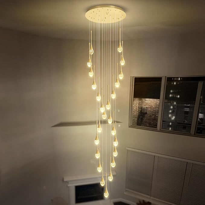 ykolupty Modern Crystal Chandelier 25-Lights Raindrop Chandeliers LED Dimmable High Ceiling Pendant Light Gold Large Chadnelier for Foyer Entrance Living Room