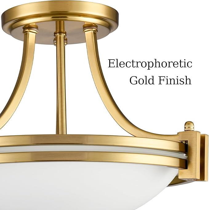12-Inch Gold Semi Flush Mount Ceiling Light Milk Glass Light Fixture Mid Century Modern 2-Light Brass Glass Ceiling Light for Hallway Bedroom Foyer