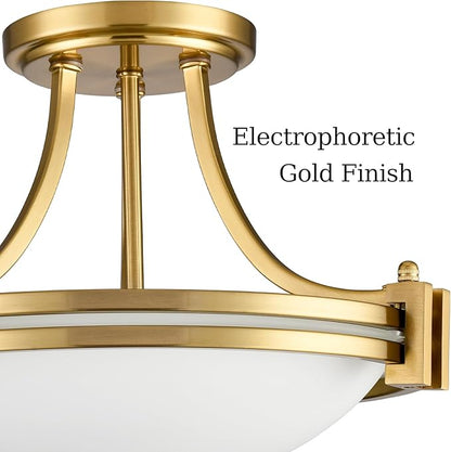 12-Inch Gold Semi Flush Mount Ceiling Light Milk Glass Light Fixture Mid Century Modern 2-Light Brass Glass Ceiling Light for Hallway Bedroom Foyer