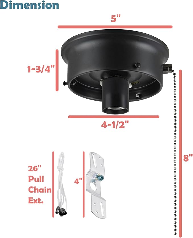 Aspen Creative 22104-01-1, Flush Mount Ceiling Fixture Shade Holder Kit with On/Off Pull Chain Switch in Matte Black Finish 4-1/2" Fitter, 5" Diameter x 1-3/4" Height