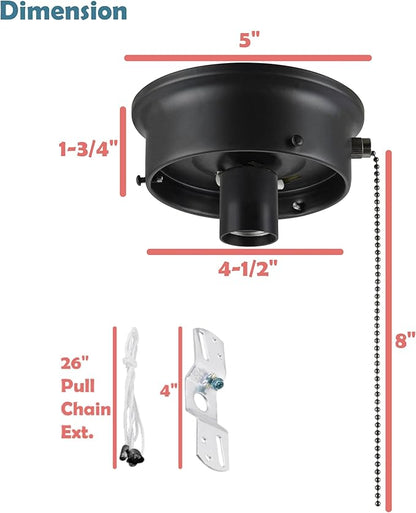 Aspen Creative 22104-01-1, Flush Mount Ceiling Fixture Shade Holder Kit with On/Off Pull Chain Switch in Matte Black Finish 4-1/2" Fitter, 5" Diameter x 1-3/4" Height