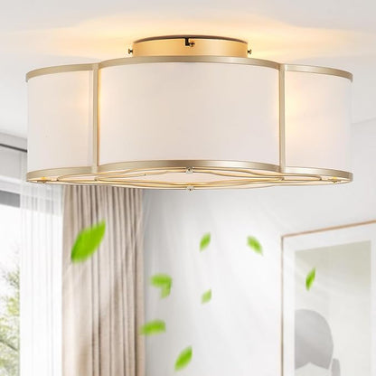 20" Boho Ceiling Fan with Light, Rattan Flush Mount Ceiling Fan with Light Remote Control, Caged Enclosed with 6 Speeds for Bedroom, Living Room, Foyer, Nursery (Gold)