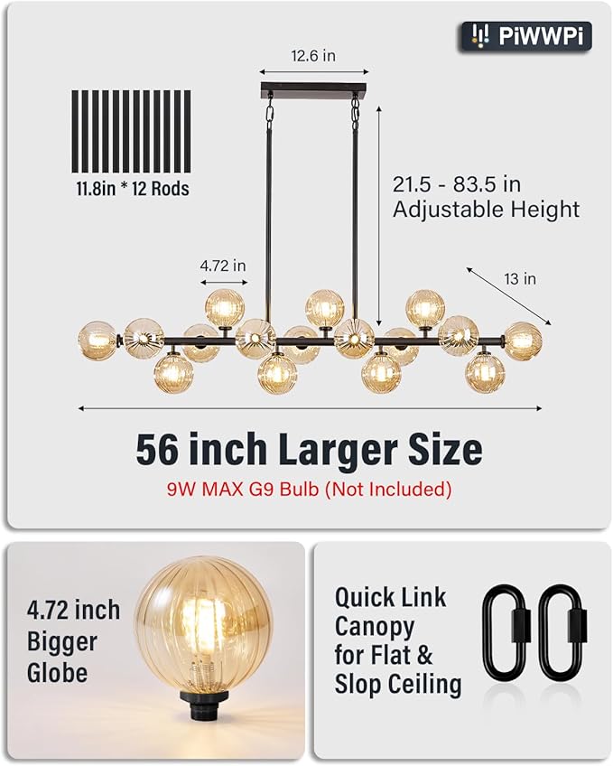 Large Linear Chandeliers for Dining Room Kitchen Island, 55" Long Light Fixture Over Table, 16-Light Modern Globe Sputnik Farmhouse Chandelier, Black and Amber Bubble, GC-08