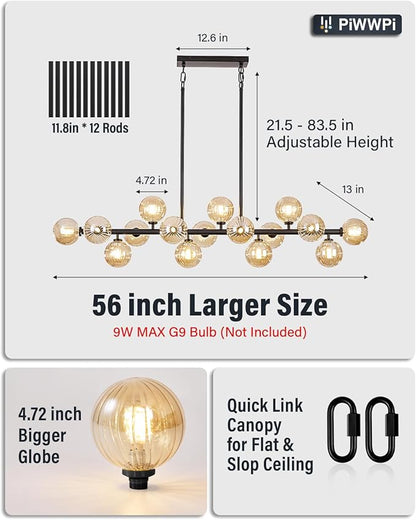 Large Linear Chandeliers for Dining Room Kitchen Island, 55" Long Light Fixture Over Table, 16-Light Modern Globe Sputnik Farmhouse Chandelier, Black and Amber Bubble, GC-08
