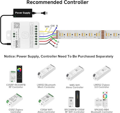 BTF-LIGHTING RGBCCT 5 Colors in 1 LED 5050SMD RGBWW RGB+Dimmable Tunable Color Temperature UL Listed 2700K-6500K 16.4ft 60LED/m 300LED DC12V Multi-Colored IP65 for Decoration(No Adapter or Controller)