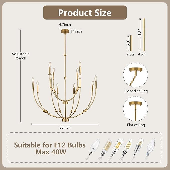 Modern Gold Chandelier, 12- Light Large Chandelier for High Ceilings, 35 inch 2-Tier Candle Style Rustic Hanging Light Fixture for Living Room Foyer Entryway