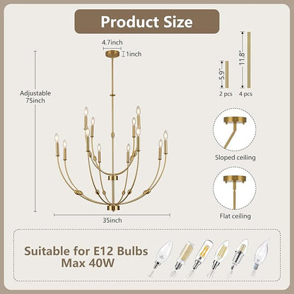 Modern Gold Chandelier, 12- Light Large Chandelier for High Ceilings, 35 inch 2-Tier Candle Style Rustic Hanging Light Fixture for Living Room Foyer Entryway
