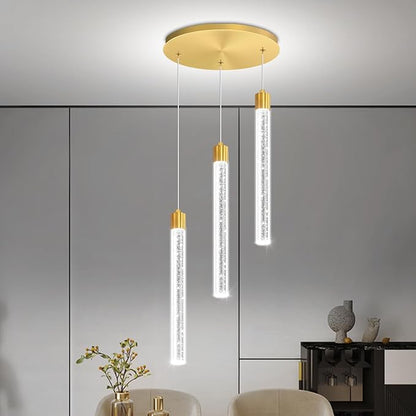 Led Crystal Column Chandelier for Dining Room 3-Light Gold LED Pendant Light for Kitchen Island Foyer Entryway Dimmable Hanging Pendant Lighting 2700K-6000K