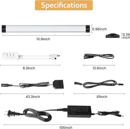 Under Cabinet Lights Kit, LED Smart Dimmable Strip Lighting Fixtures, 24V Plug in Linkable Bar LED Counter Lights for Pantry, Kitchen, Shelf, Bookcases, Showcase (10 PCS, Cold White)