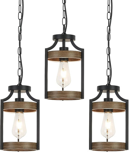 Farmhouse Pendant Light, Rustic Wood Metal Light Fixtures with Adjustable Hanging Chain, Small Pendant Lighting for Kitchen Island, Dining Room, Entryway, Cafe & Bar, 3 Pack